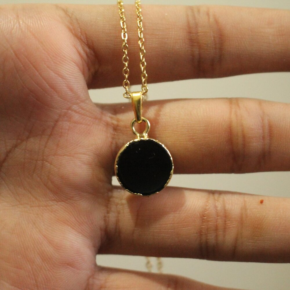 Black Druzy Round Stone Pendant Necklace – Gold Trim - Picture 4 of 5